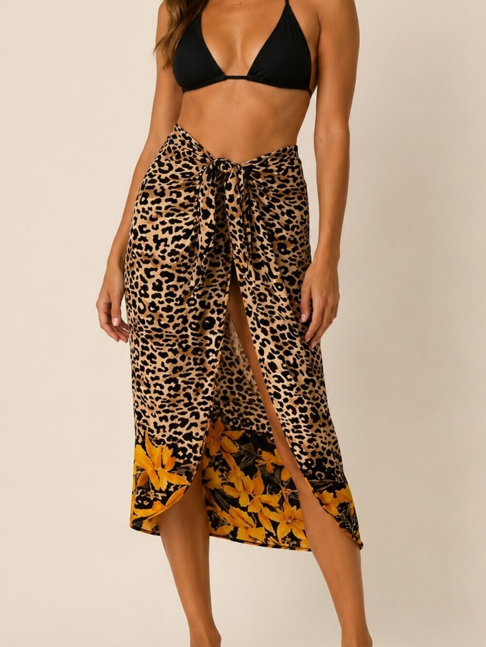 Vtg ELISABETH STEWART 1980s Leopard Print Tropical Floral Sarong Cover-Up